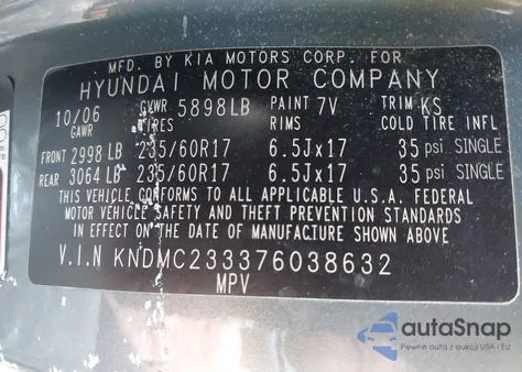 2007 Hyundai Entourage Gls/Limited/Se z USA, uszkodzony, nr VIN KNDMC233376038632